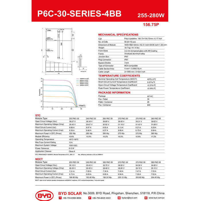 PV-Module - BYD - BYD270P6C-30-Series-4BB-156.75P - 270Wp - Poly ...