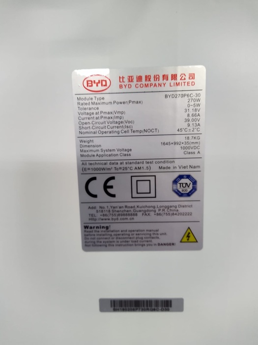 PV-Module - BYD - BYD270P6C-30-Series-4BB-156.75P - 270Wp - Poly ...