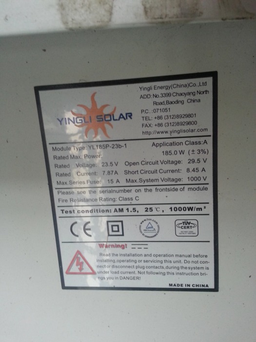 PV Module Yingli YL185P 23b 1 185Wp Poly Secondsol